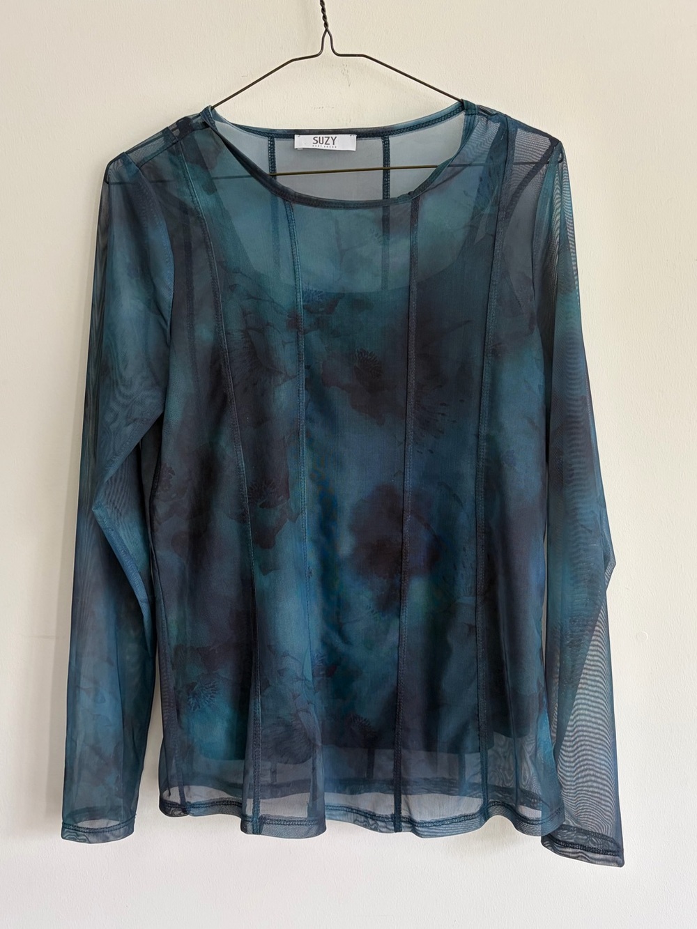 Suzy Shier Women's Teal & Navy Sheer Long-Sleeve Top